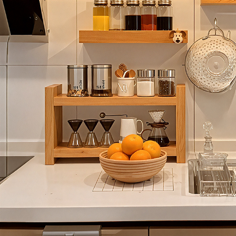 Japanese-style double-layer solid wood desktop shelf 54 01